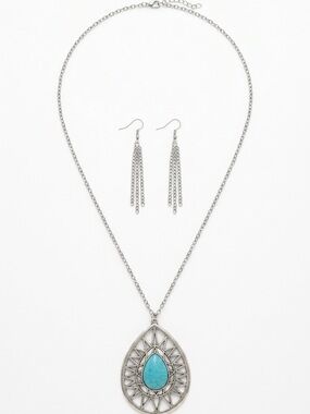 Silver Teardrop Pendant Necklace & Chain Fringe Earrings with Turquoise Stone